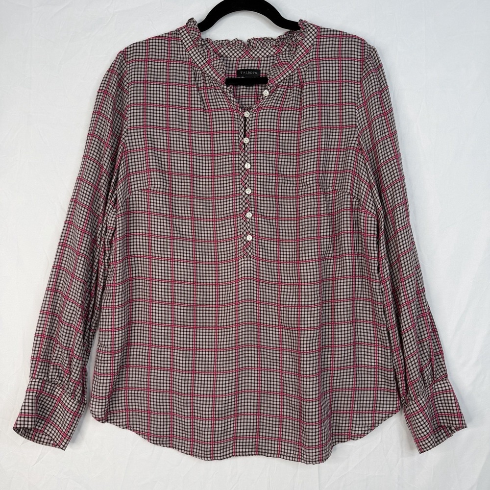 Talbots Top Women's SZ-M Brown Pink Plaid Ruffle Neck Popover Preppy Blouse